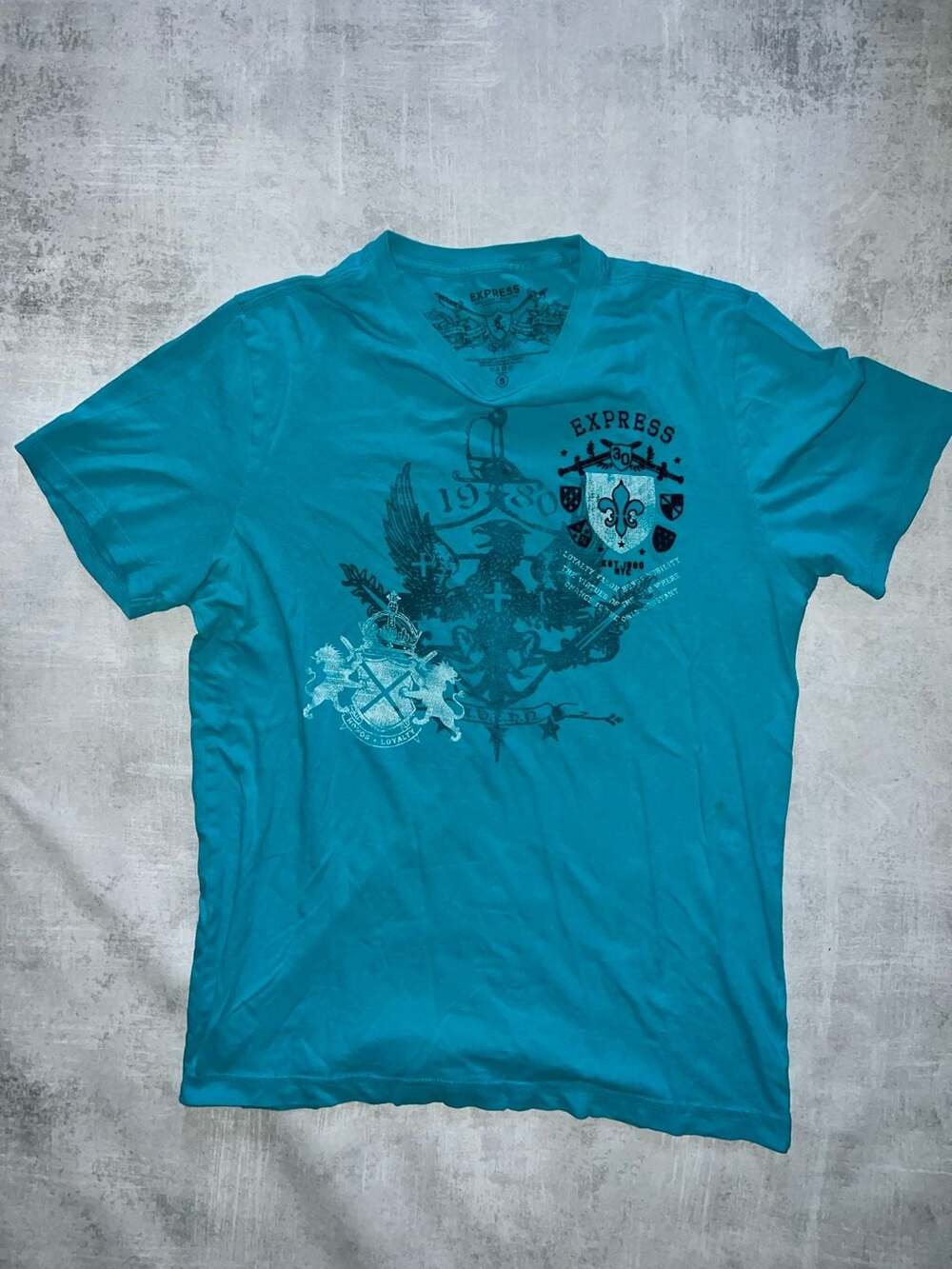 Express Vintage 1980 Graphic Print Teal V-Neck T-Shirt Size Small